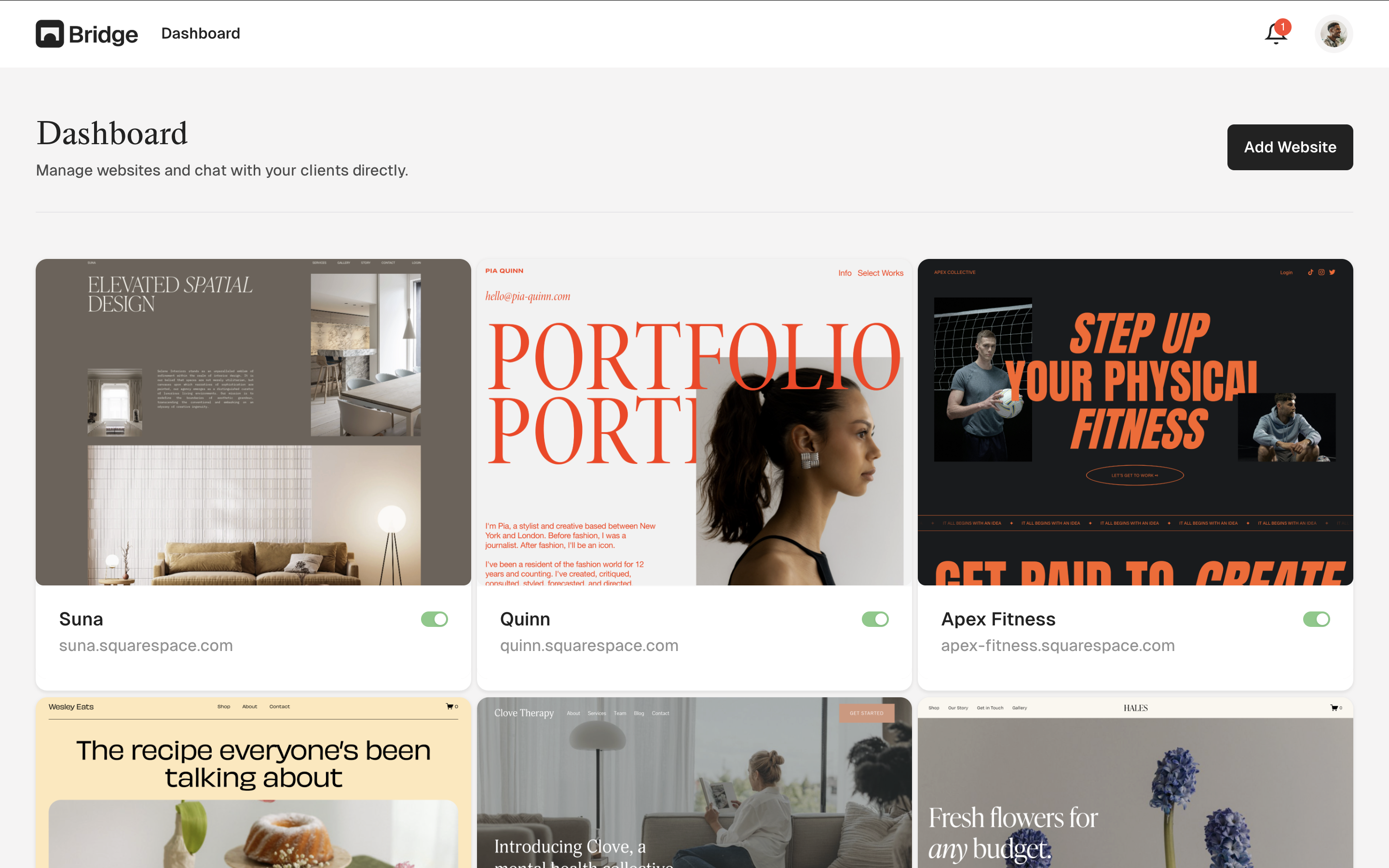 Bridge dashboard showing website management and conversation view
