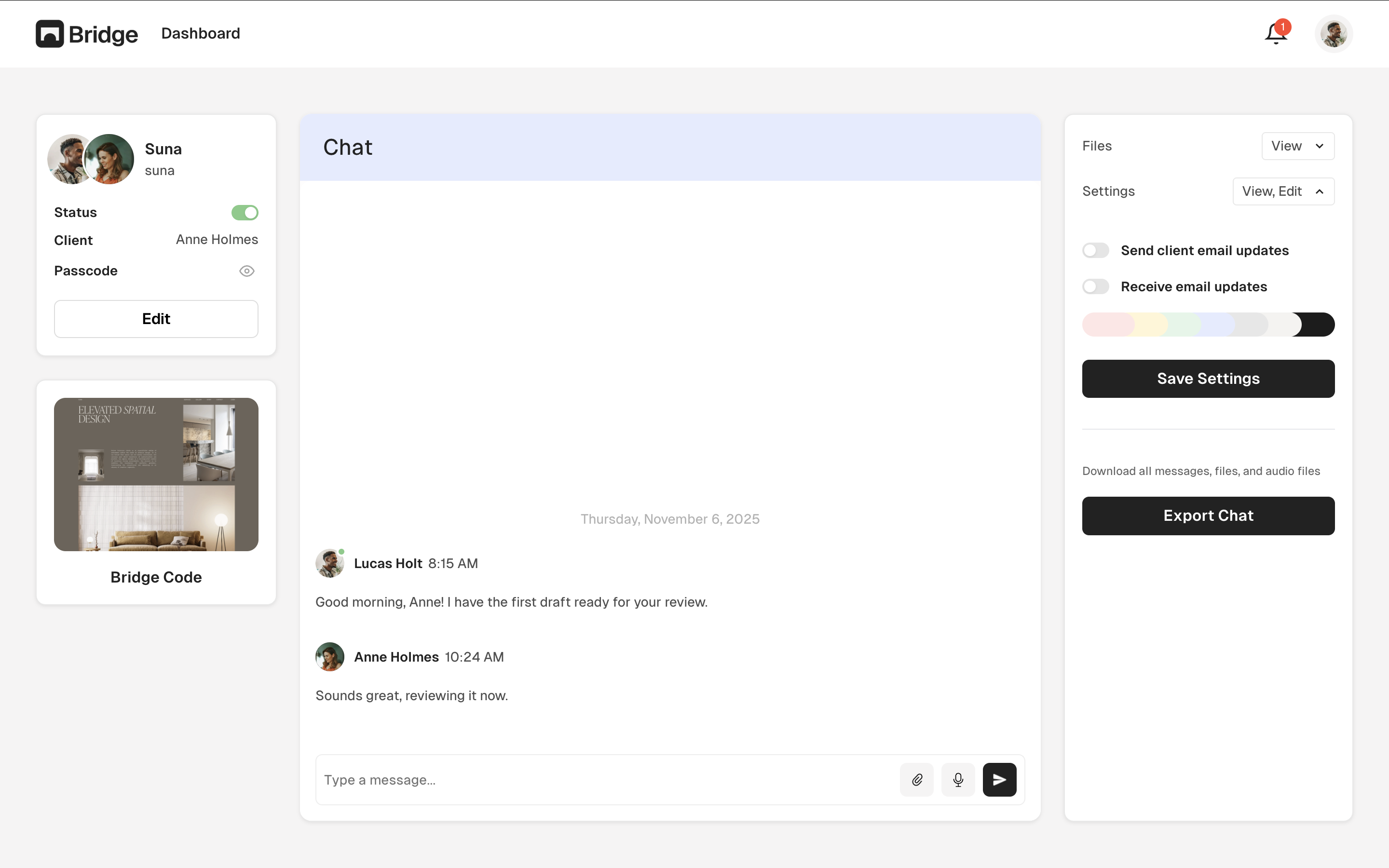 Bridge dashboard showing a website detail page with conversation view