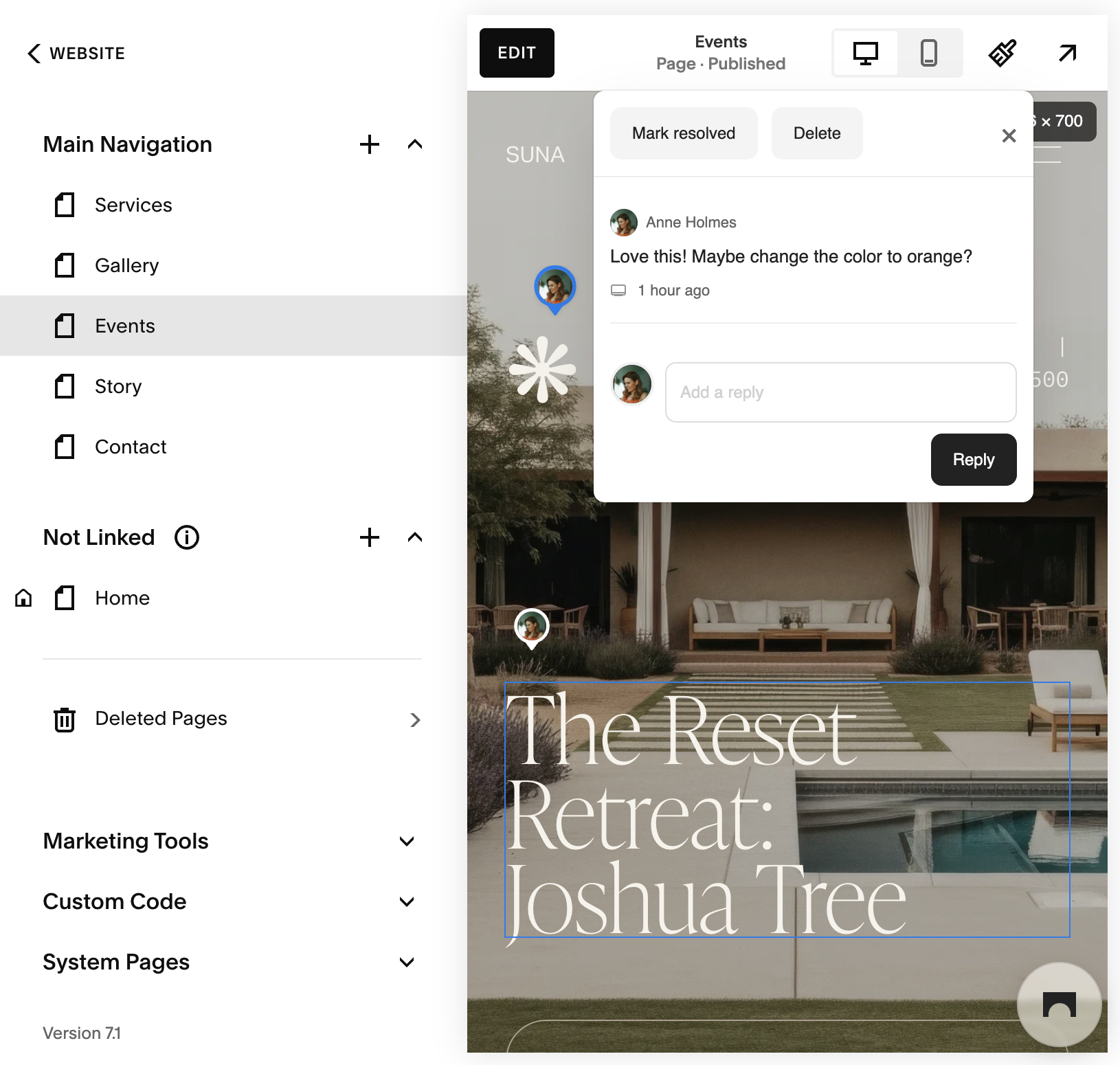 A Bridge task pinned to a spot on a live Squarespace page, open on a client's note with a reply box and a Mark resolved button
